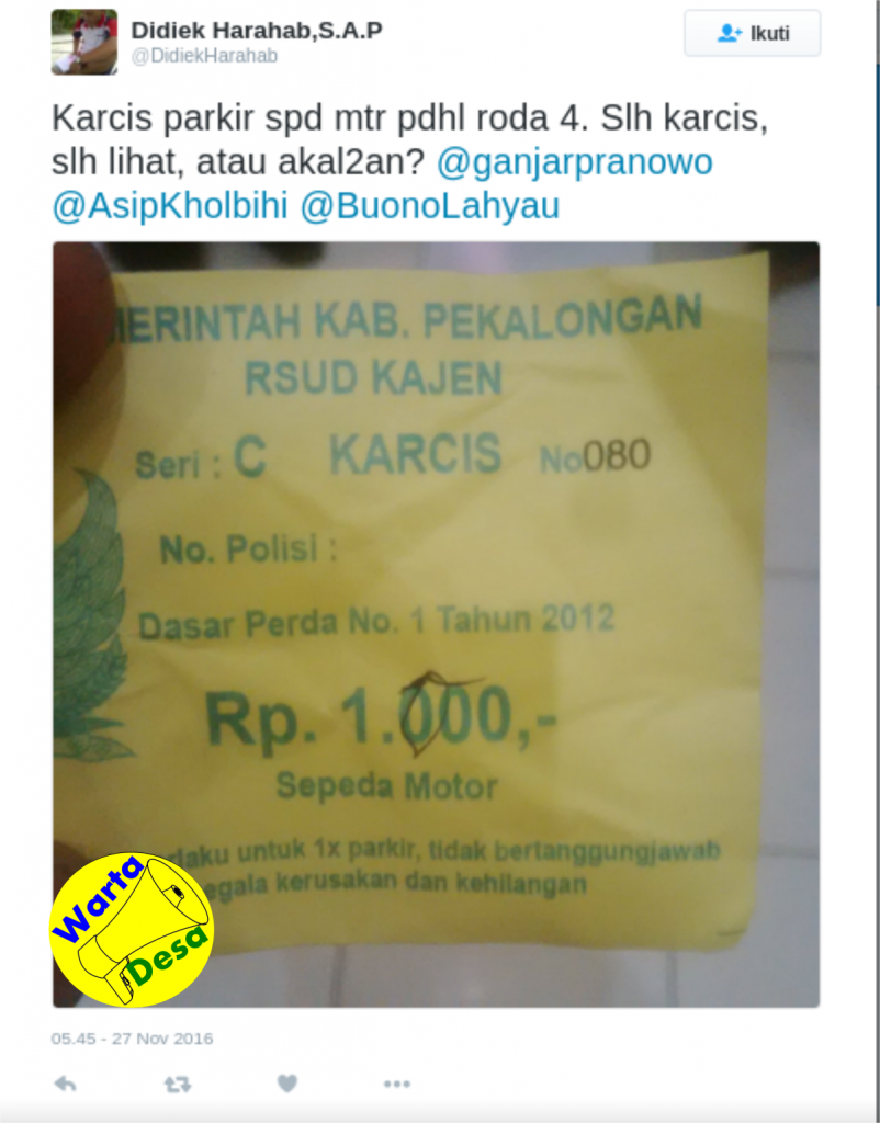 Karcis parkir di RSUD Kajen ini tertulis Rp. 1000 namun ditambahi angka 5, jadi 1500. Foto: Twitter