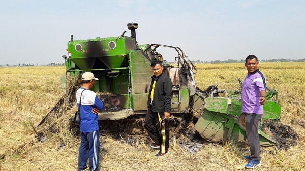 mesin pemotong padi dibakar