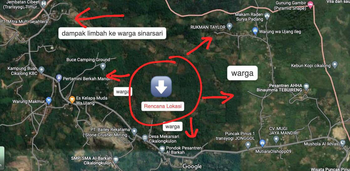 Penampakan lokasi TPAS Mekarsari dari peta google, dekat dengan permukiman warga.